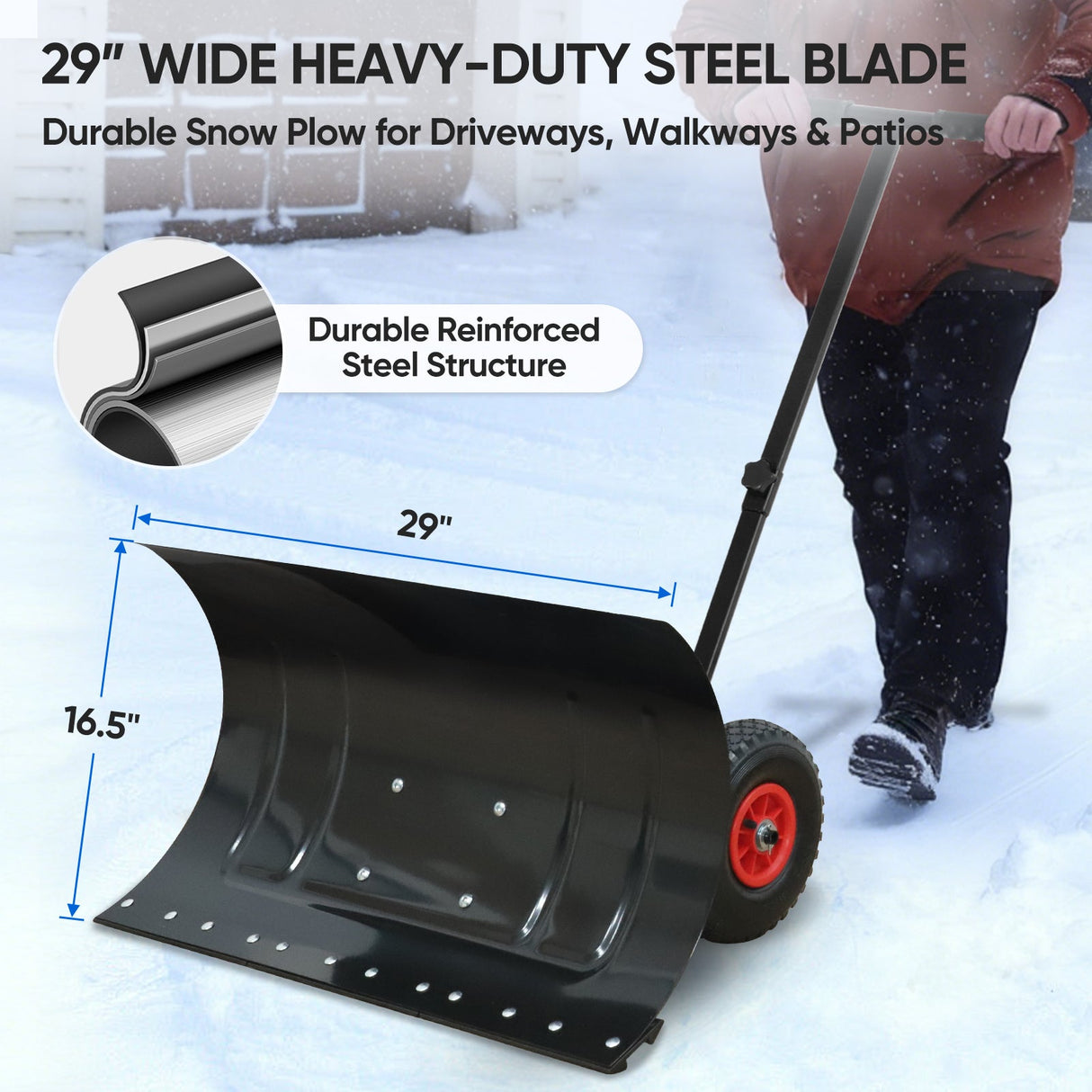 Wheeled Snow Shovel for Driveway 29”x16.5” Blade, Single/Dual Rod - Eagle Peak Custom Canopy Tent