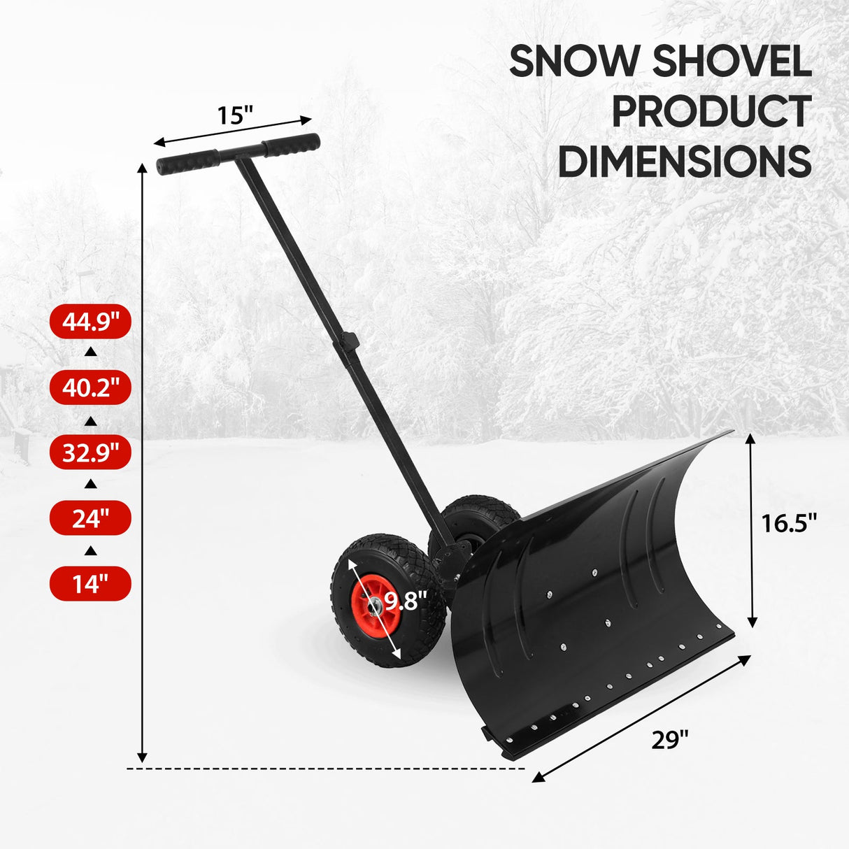 Wheeled Snow Shovel for Driveway 29”x16.5” Blade, Single/Dual Rod - Eagle Peak Custom Canopy Tent