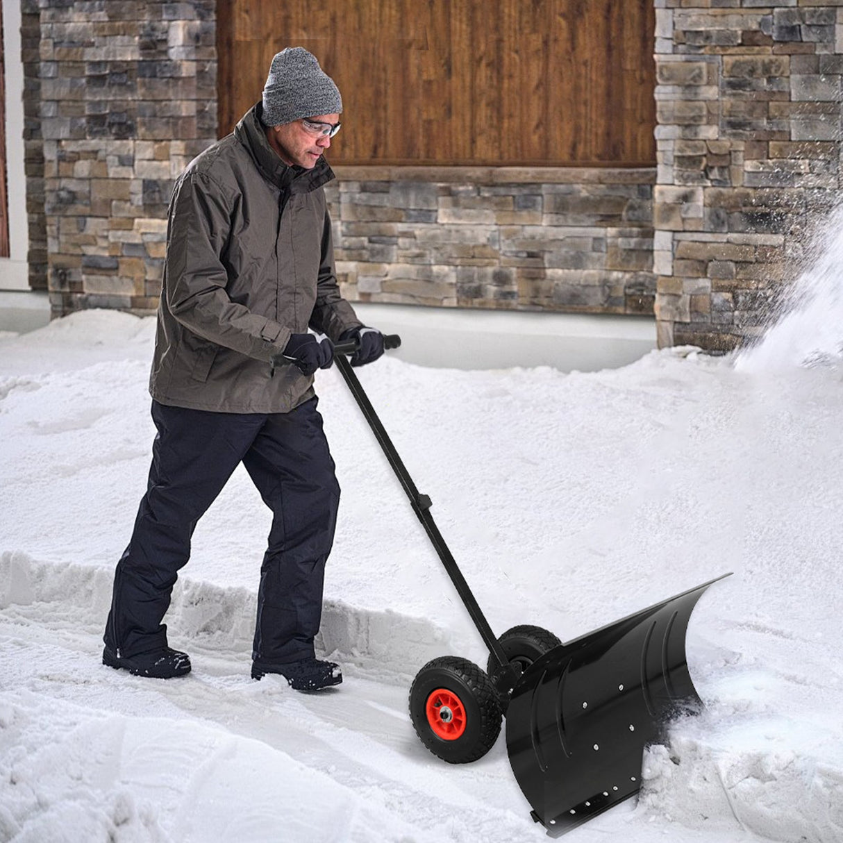 Wheeled Snow Shovel for Driveway 29”x16.5” Blade, Single/Dual Rod - Eagle Peak Custom Canopy Tent