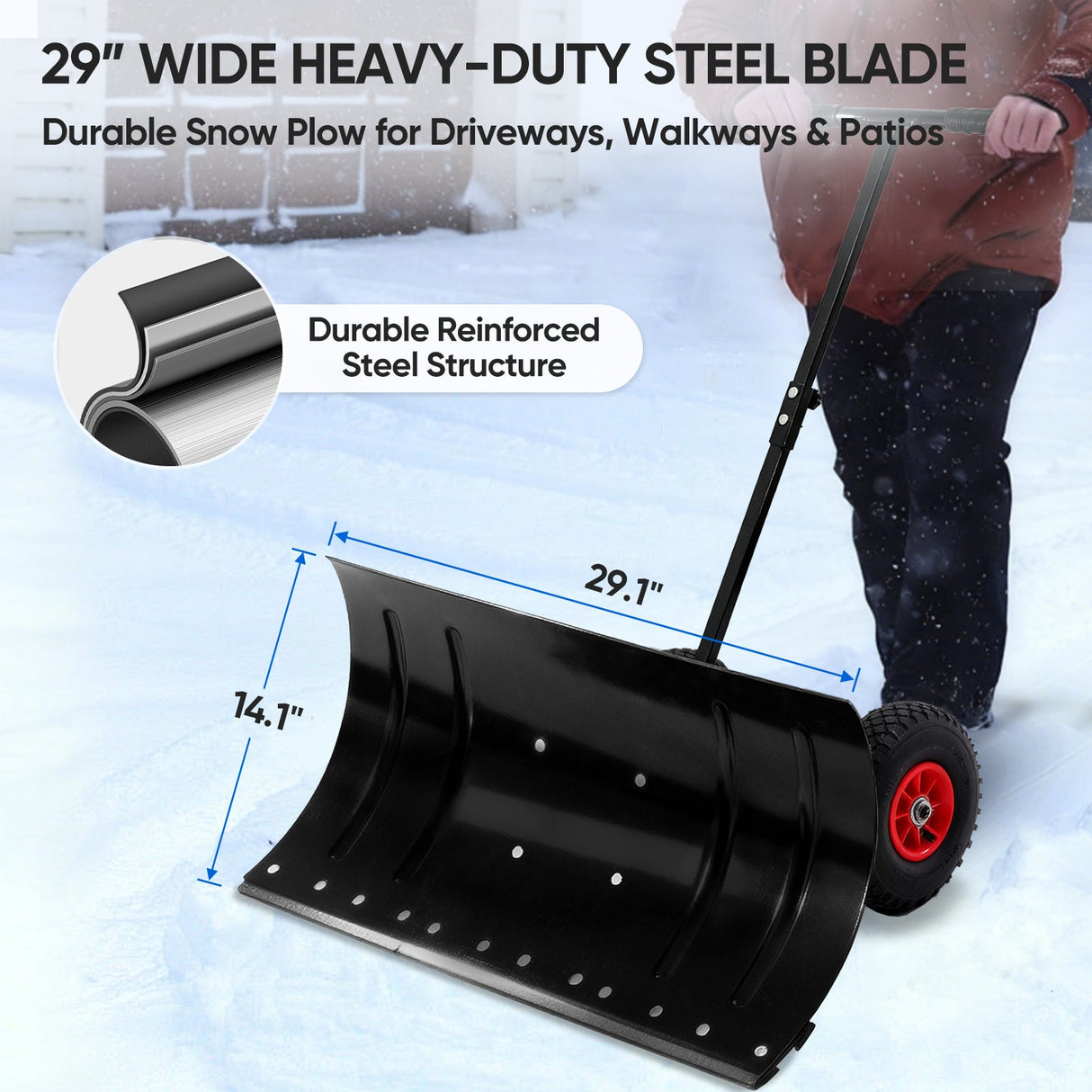 Wheeled Snow Shovel for Driveway 29”x16.5” Blade, Single/Dual Rod - Eagle Peak Custom Canopy Tent