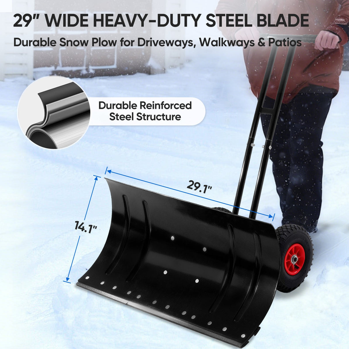 Wheeled Snow Shovel for Driveway 29”x16.5” Blade, Single/Dual Rod - Eagle Peak Custom Canopy Tent