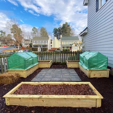 @Carolina_Garden_Coaching (IG) Custom Backyard Raised Garden Beds using Eagle Peak Mini Greenhouse as Winter Covers