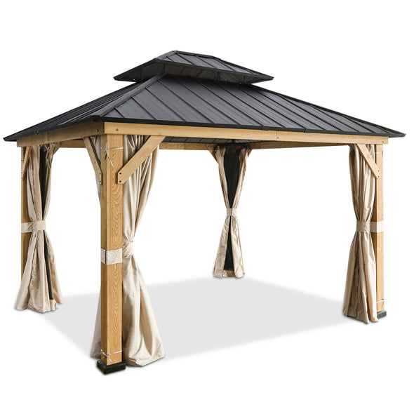 13' x 11' Cedar Double Roof Gazebo with Netting and Curtains_WGD120MW