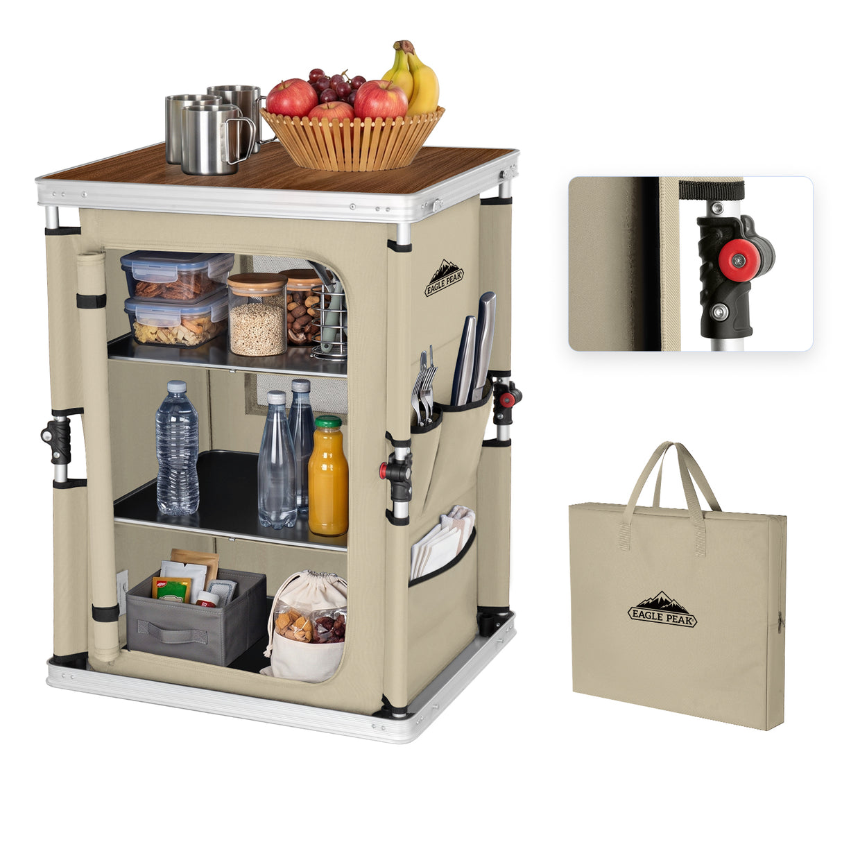 Outdoor Camping Pop Up Folding Table with Large 3-Tier Storage Organizer and Side Pockets