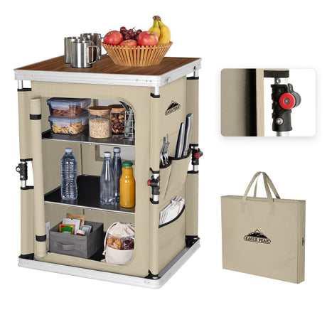 Outdoor Camping Pop Up Folding Table with Large 3-Tier Storage Organizer and Side Pockets
