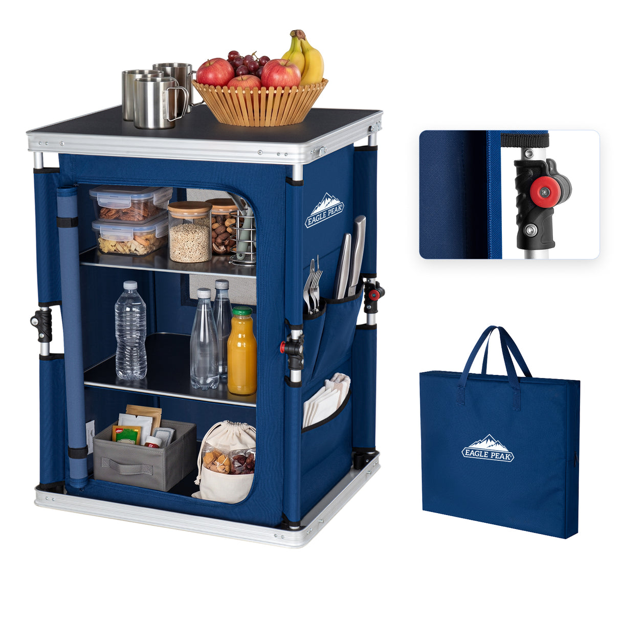 Outdoor Camping Pop Up Folding Table with Large 3-Tier Storage Organizer and Side Pockets