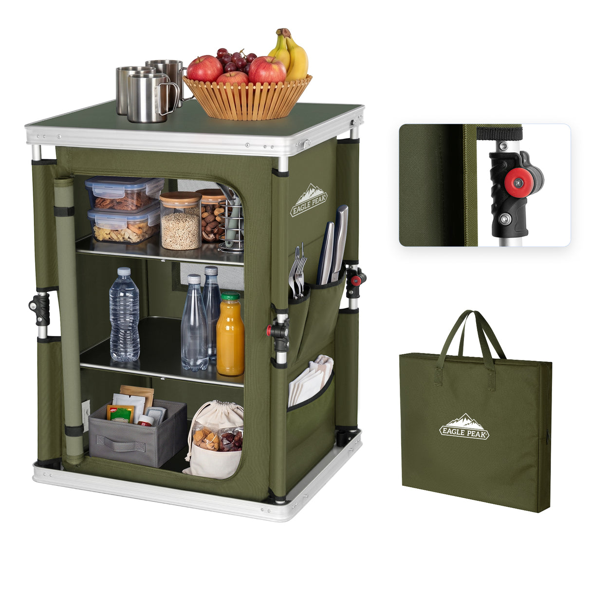 Outdoor Camping Pop Up Folding Table with Large 3-Tier Storage Organizer and Side Pockets