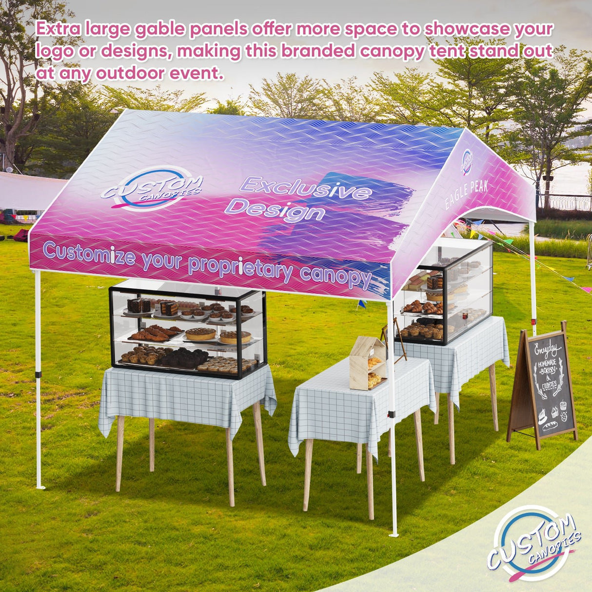 10x10 Alps Custom Commercial Canopy with 1 Wall Panel 2 Half Walls and Gable Roof, Pop Up Custom Canopy Tent with Logo - Eagle Peak Custom Canopy Tent