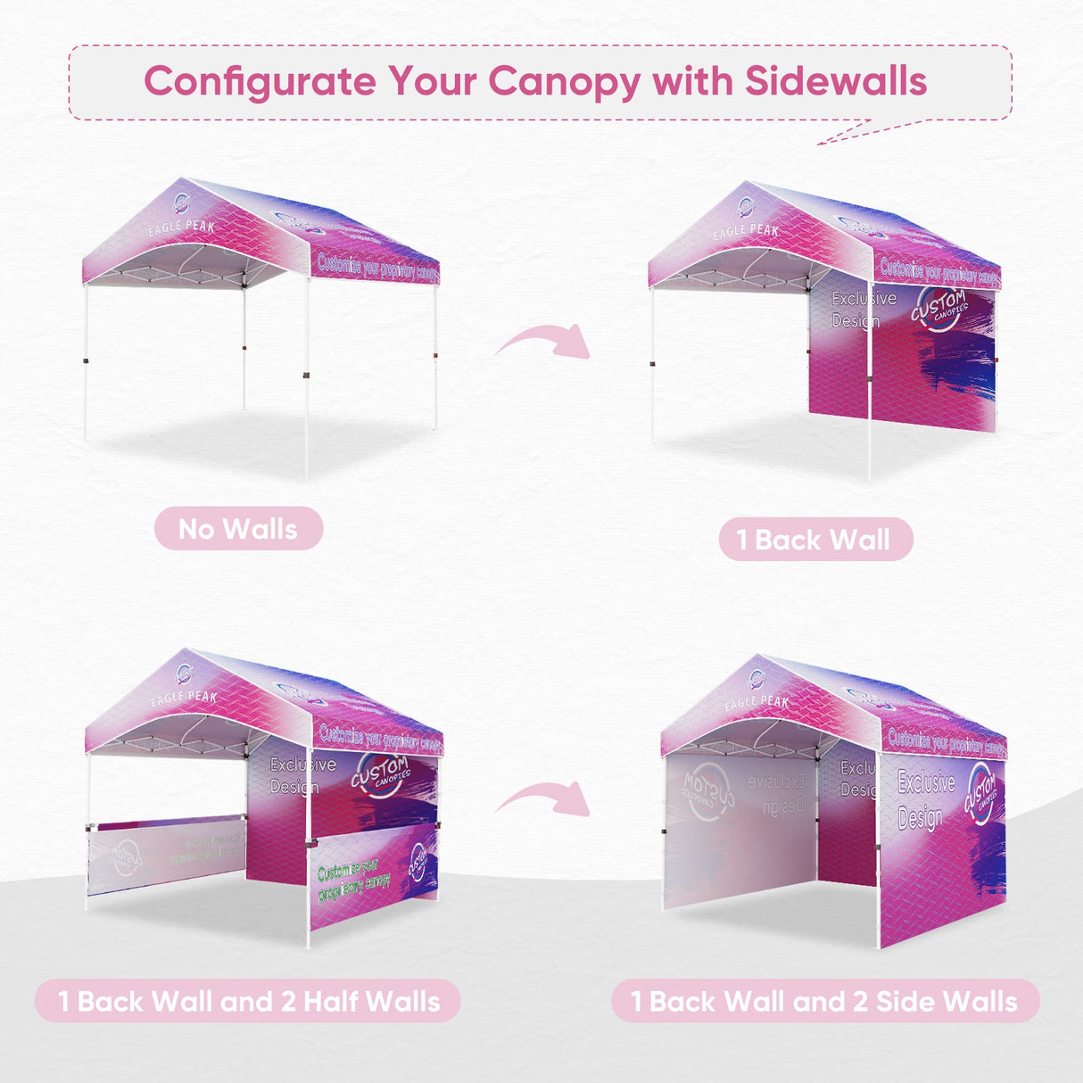 10x10 Alps Custom Commercial Canopy with 1 Wall Panel 2 Half Walls and Gable Roof, Pop Up Custom Canopy Tent with Logo - Eagle Peak Custom Canopy Tent