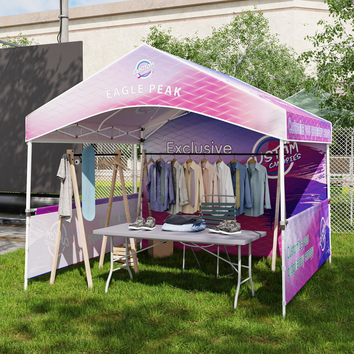 10x10 Alps Custom Commercial Canopy with 1 Wall Panel 2 Half Walls and Gable Roof, Pop Up Custom Canopy Tent with Logo - Eagle Peak Custom Canopy Tent