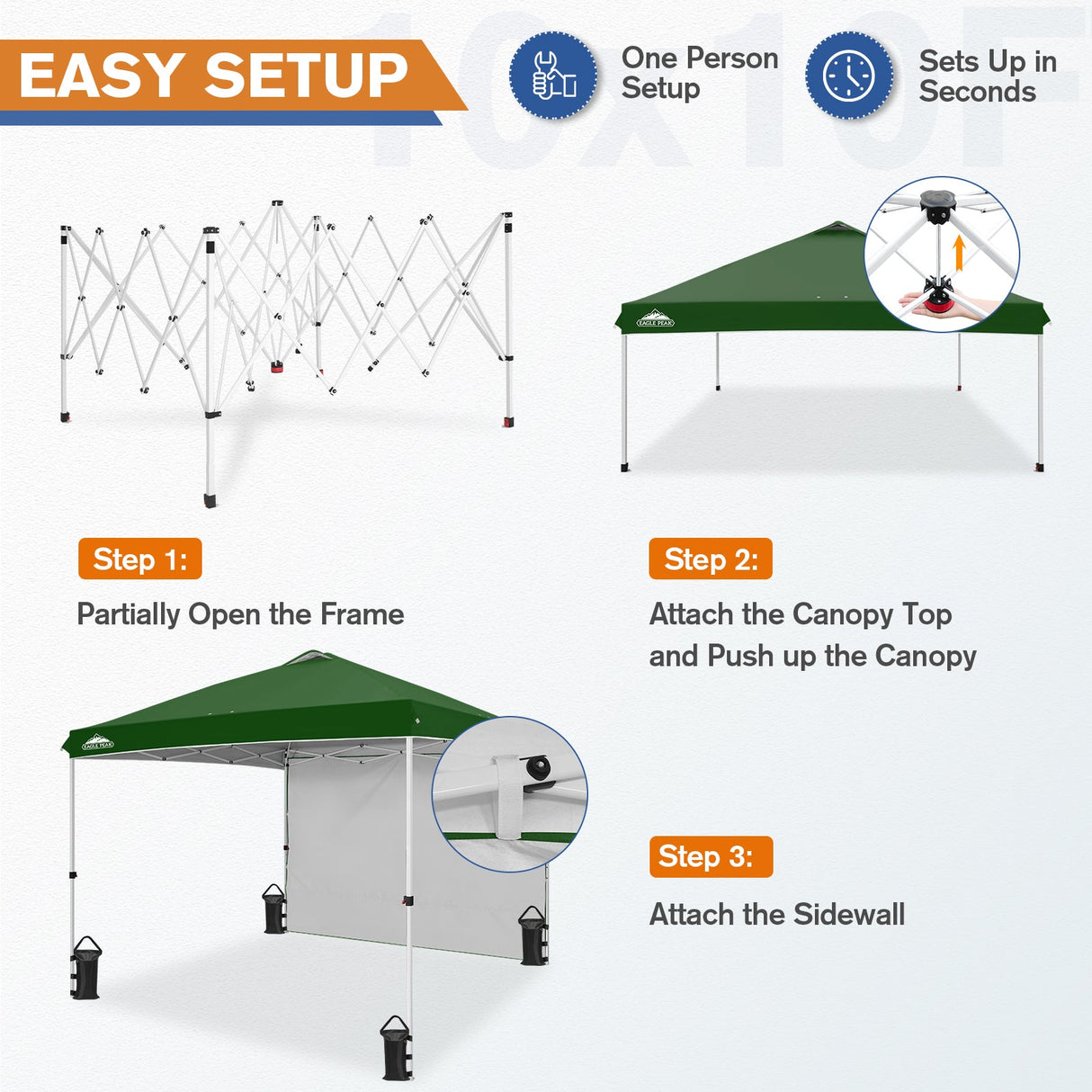 10x10 Commercial Pop up Canopy with 1 Sidewall - Eagle Peak