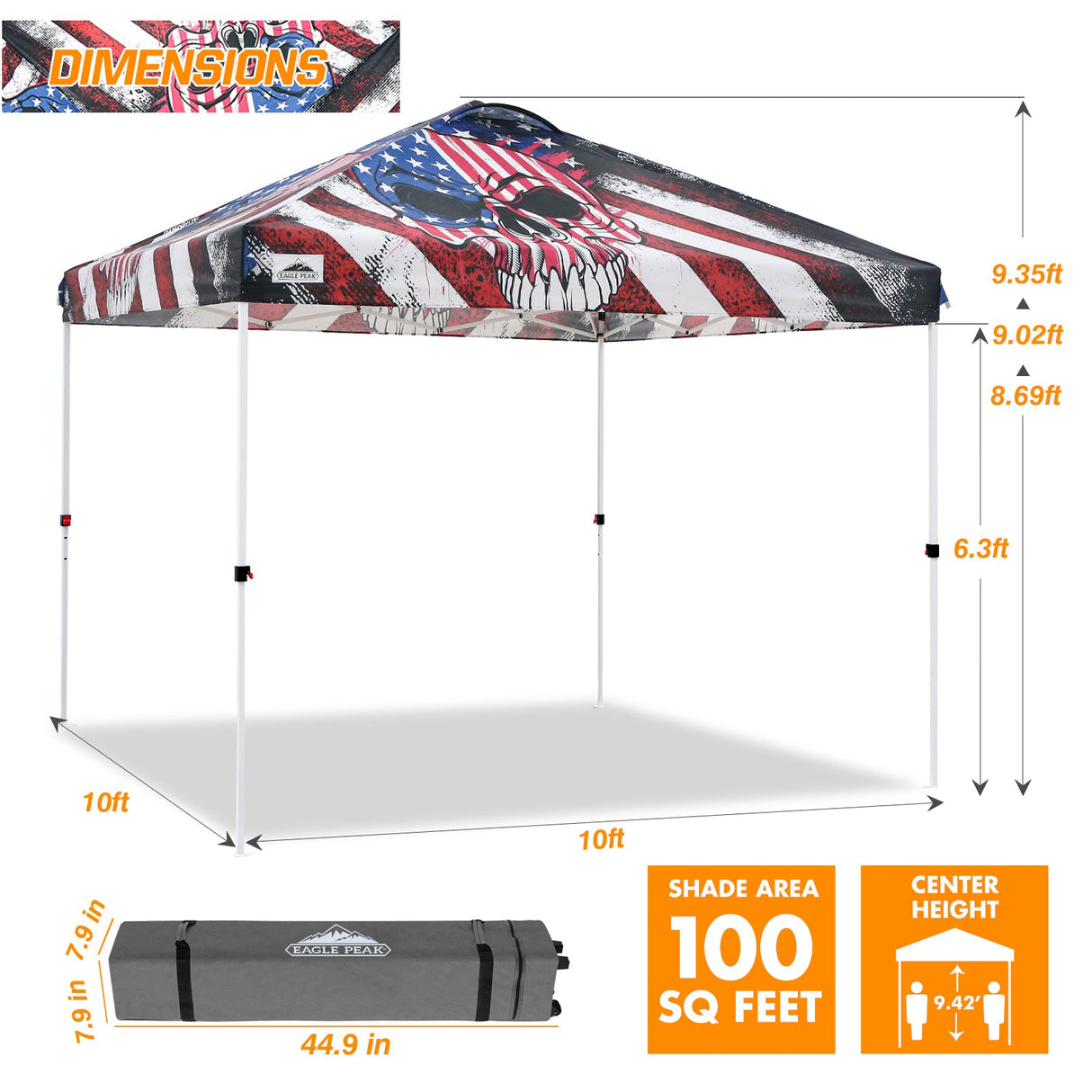 10x10 Pop Up Canopy, Straight Leg Pop Up Tent, Americana Skull - Eagle Peak Custom Canopy Tent