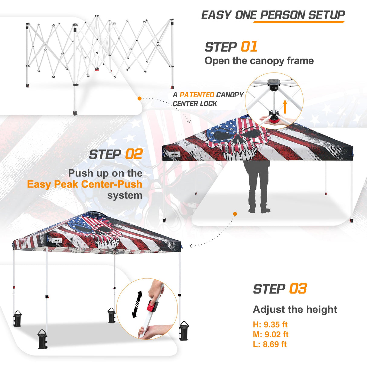 10x10 Pop Up Canopy, Straight Leg Pop Up Tent, Americana Skull - Eagle Peak Custom Canopy Tent