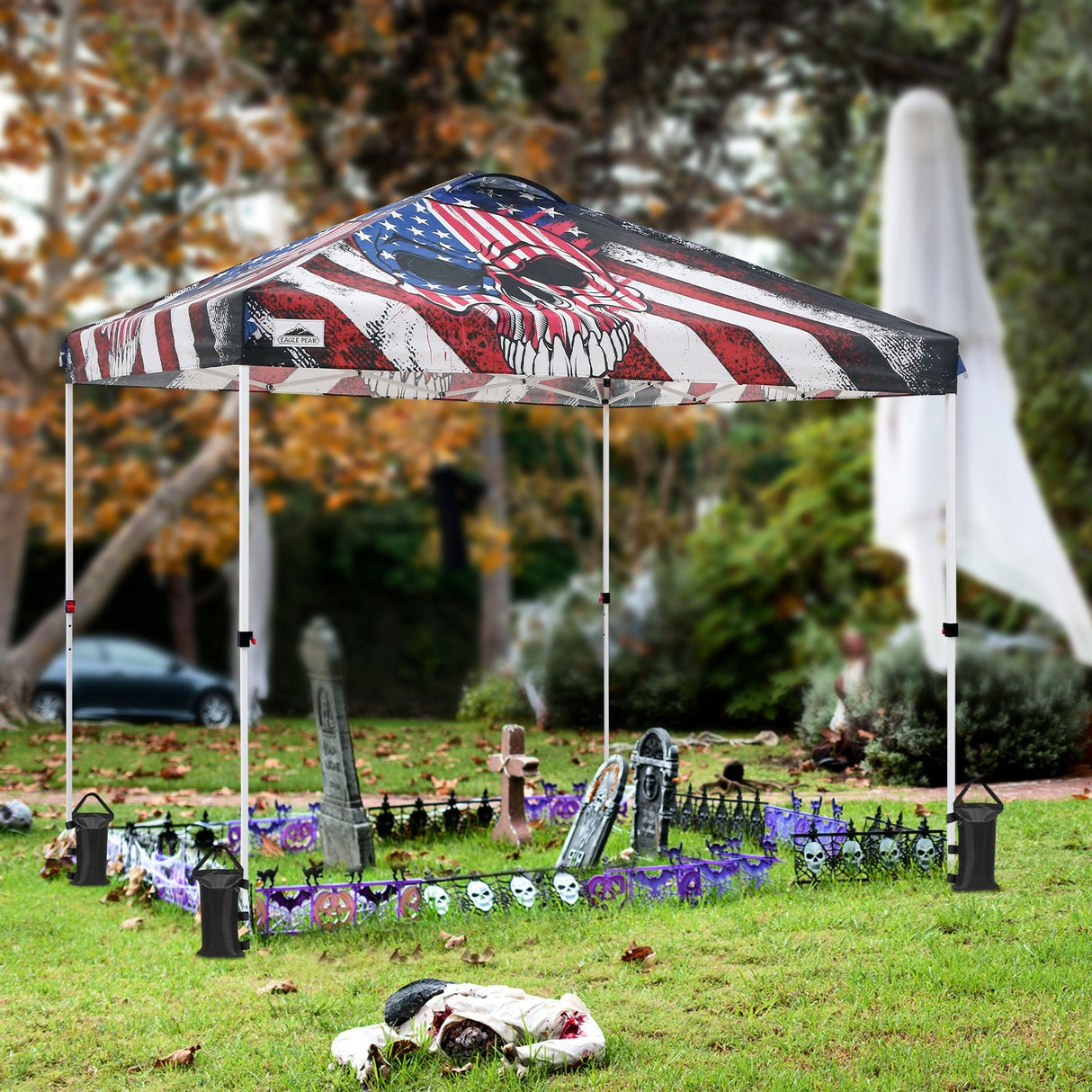 10x10 Pop Up Canopy, Straight Leg Pop Up Tent, Americana Skull - Eagle Peak Custom Canopy Tent