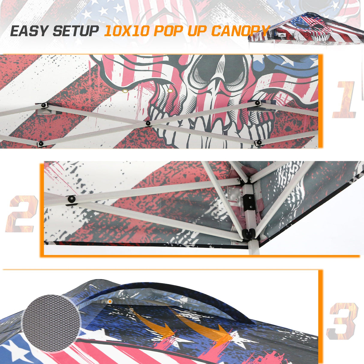 10x10 Pop Up Canopy, Straight Leg Pop Up Tent, Americana Skull - Eagle Peak Custom Canopy Tent
