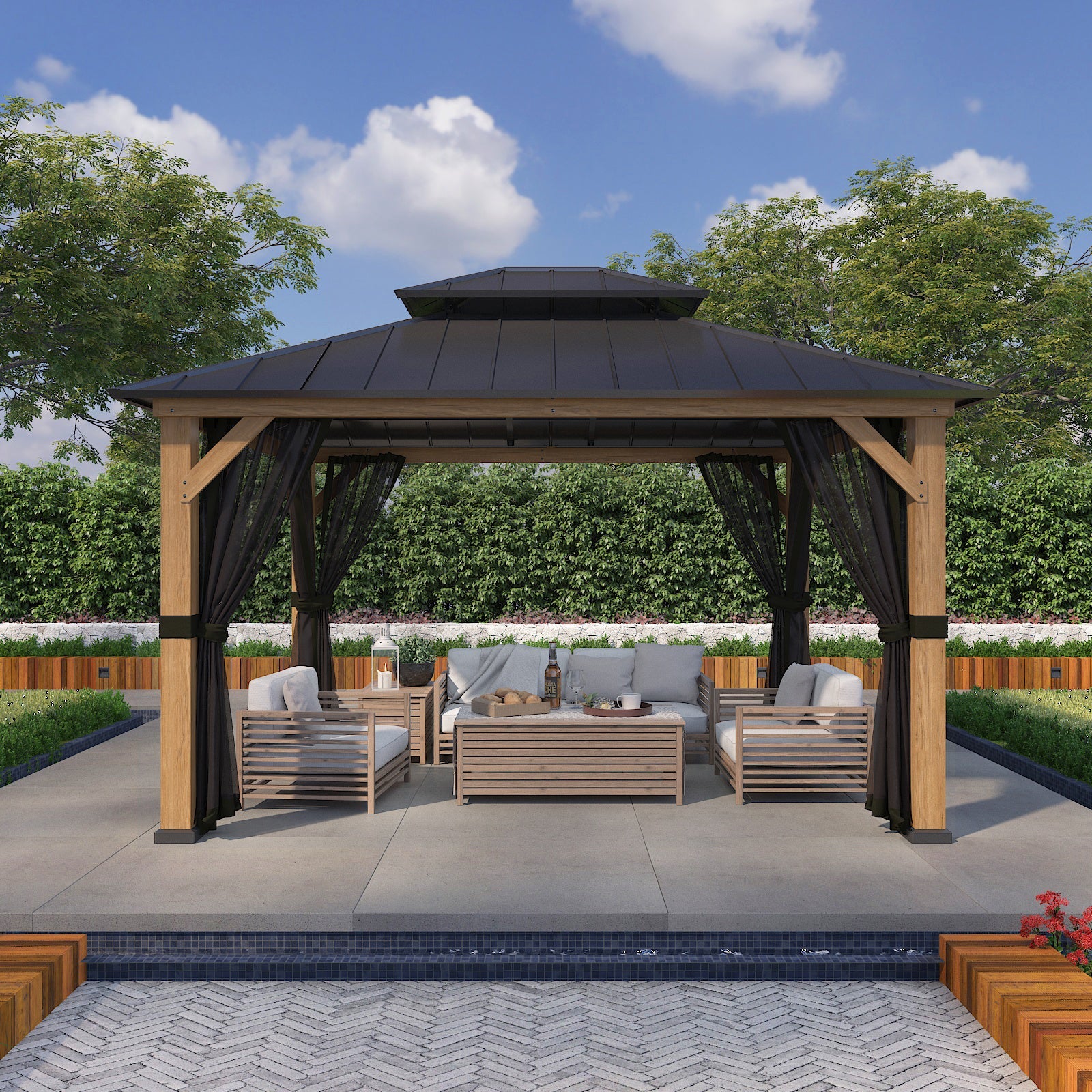 11x13 Outdoor Cedar Framed Hardtop Double Roof Gazebo, Black