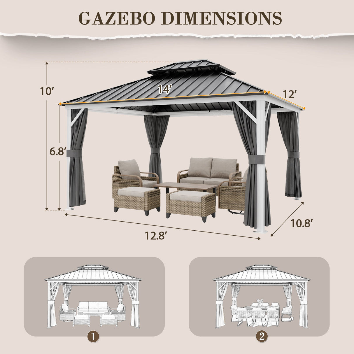 12x10/12x12/12x14/12x16/12x18/12x20 Hardtop Gazebo, Galvanized Steel Double Roof with Aluminum Frame - Eagle Peak Custom Canopy Tent