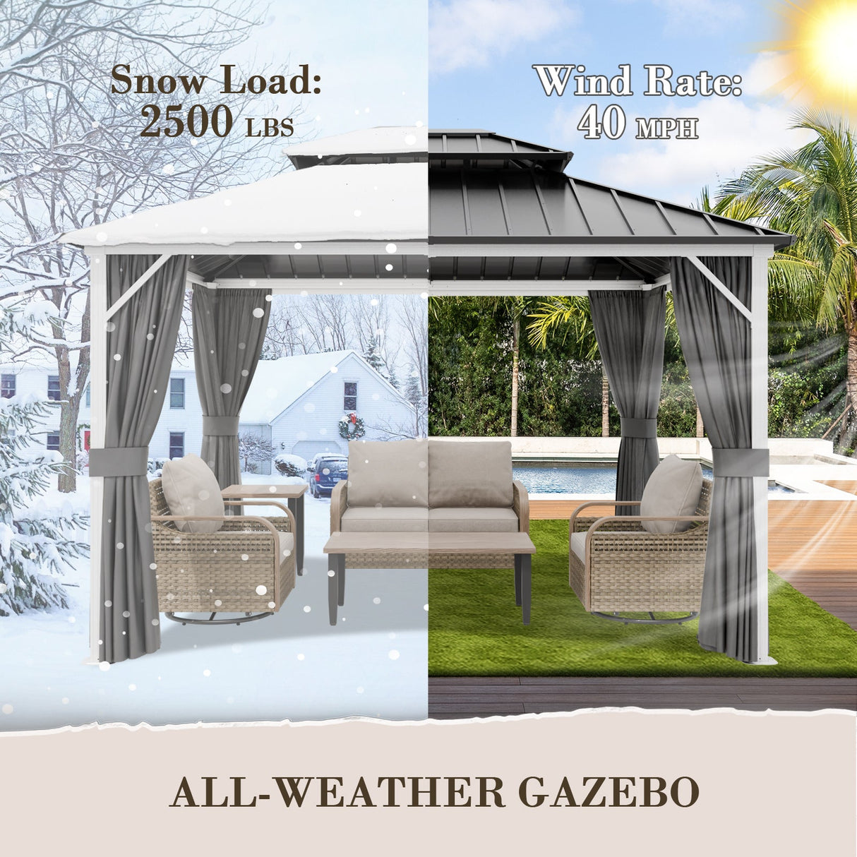 12x10/12x12/12x14/12x16/12x18/12x20 Hardtop Gazebo, Galvanized Steel Double Roof with Aluminum Frame - Eagle Peak Custom Canopy Tent