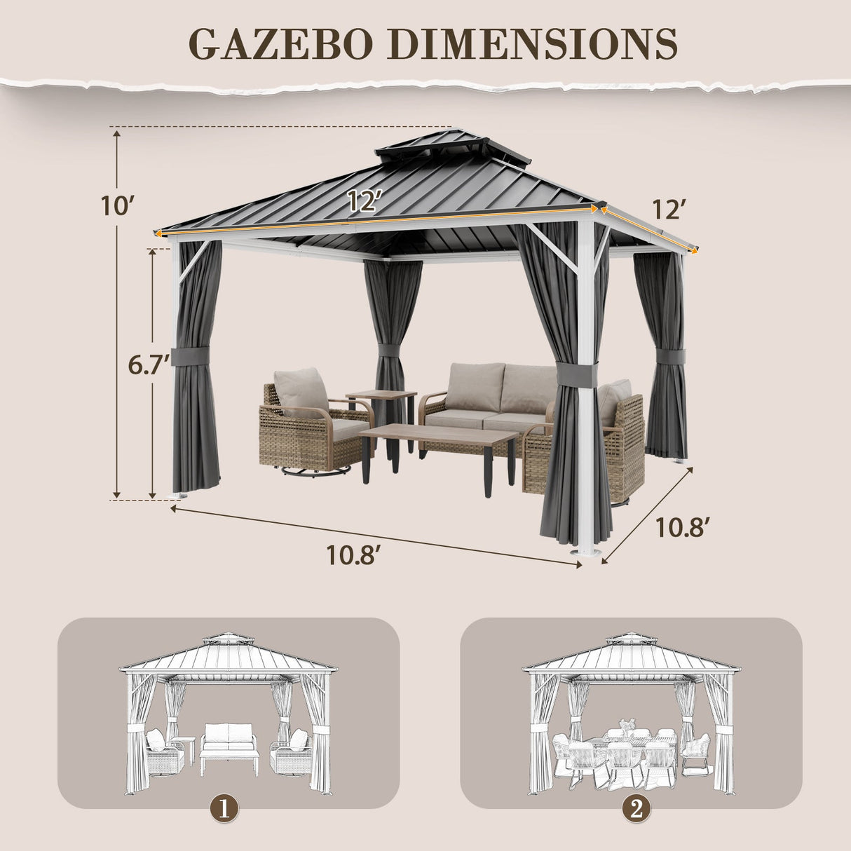 12x10/12x12/12x14/12x16/12x18/12x20 Hardtop Gazebo, Galvanized Steel Double Roof with Aluminum Frame - Eagle Peak Custom Canopy Tent