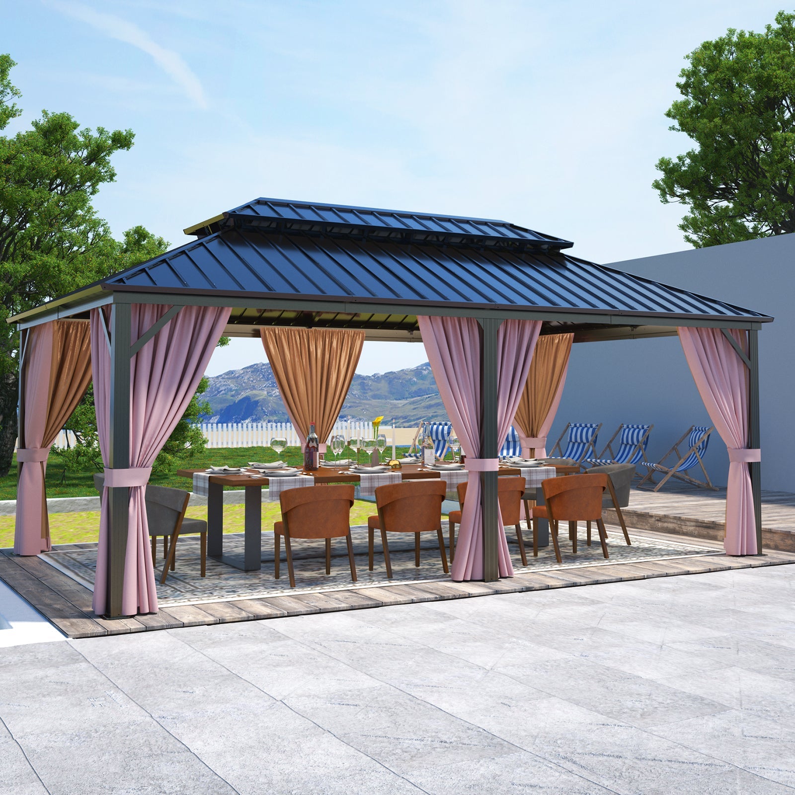 Gazebo Rigido 12' X 12', Gazebo Esterno in Alluminio con Tettoia A Doppio Ventilato in Acciaio Zincato, con Tende E Rete Ombreggiate, per Patio Gazebo Rigido 12' X 12', Gazebo Esterno in Alluminio con Tettoia A Doppio Ventilato in Acciaio Zincato, con Tende E Rete Ombreggiate, per Patio
