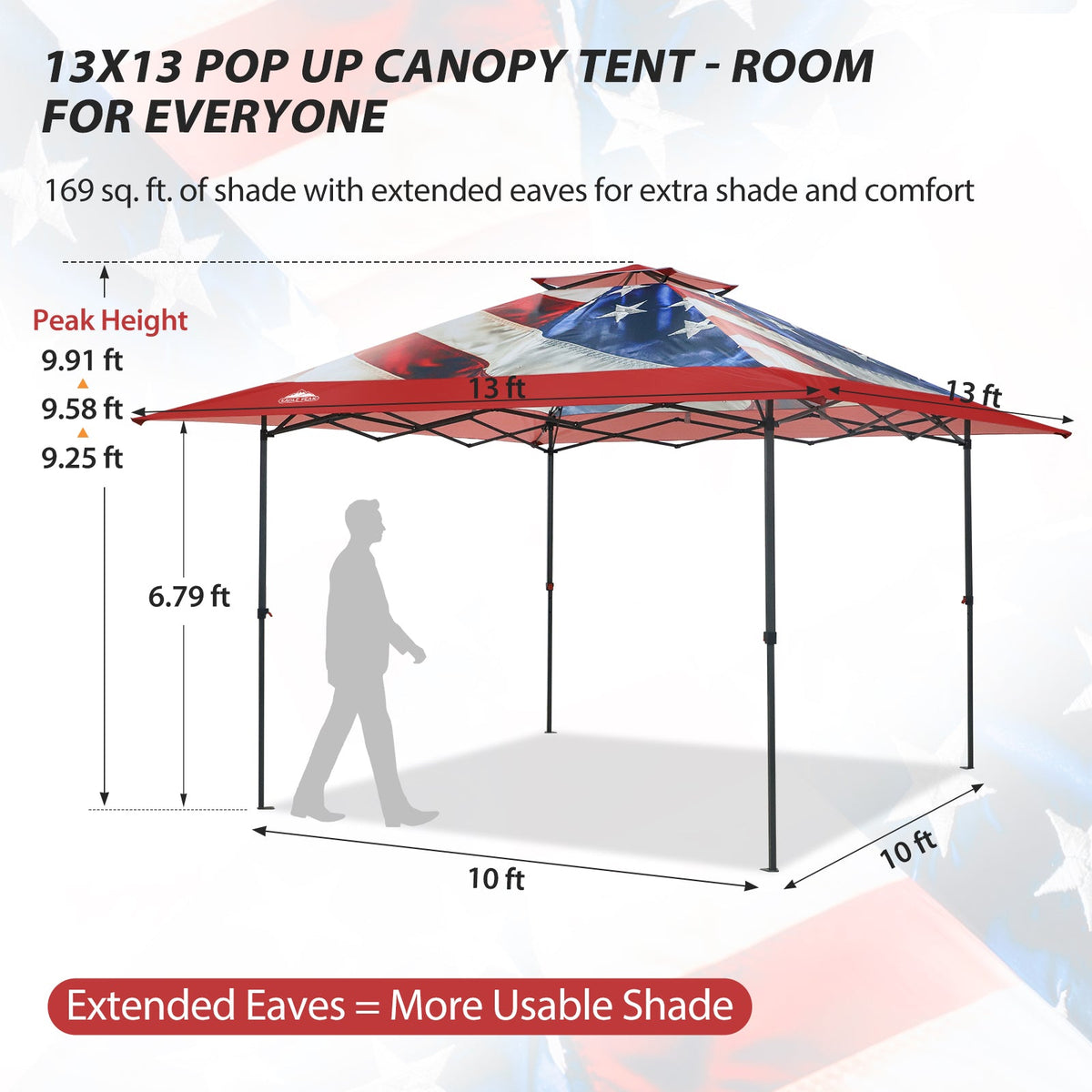 13x13 Pop Up Canopy Tent, Auto Extended Eaves - Eagle Peak®