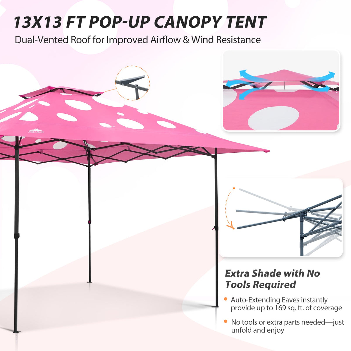 13x13 Pop Up Canopy Tent, Auto Extended Eaves - Eagle Peak®