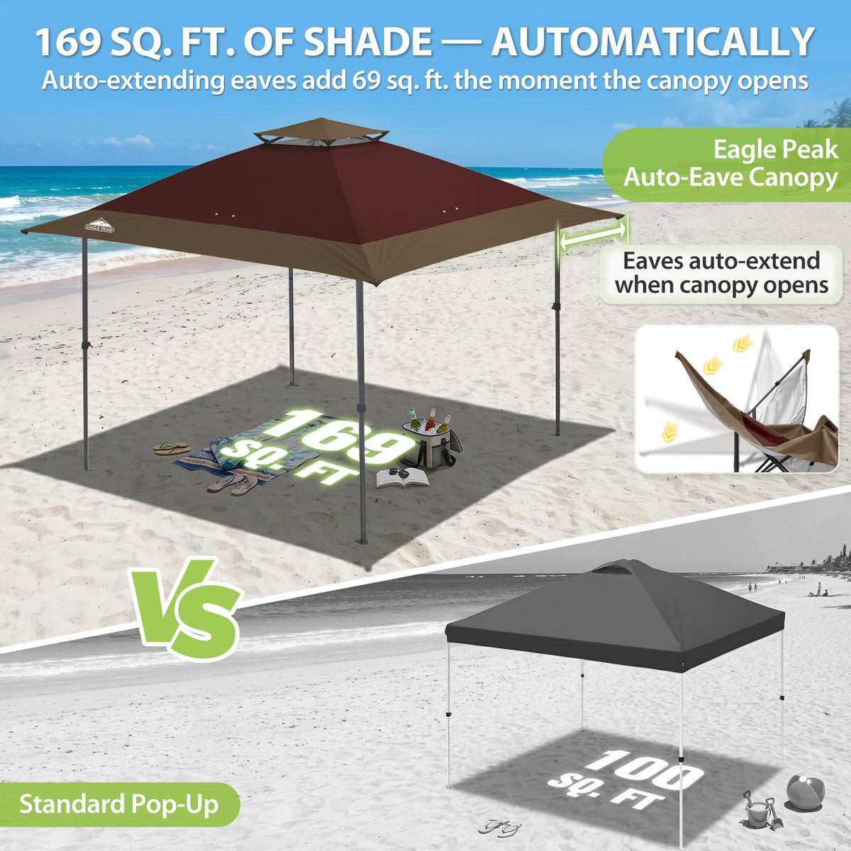 13x13 Pop Up Canopy Tent, Auto Extended Eaves - Eagle Peak®