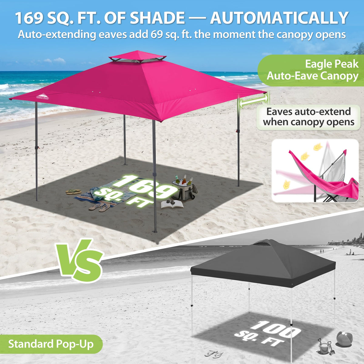 13x13 Pop Up Canopy Tent, Auto Extended Eaves - Eagle Peak®