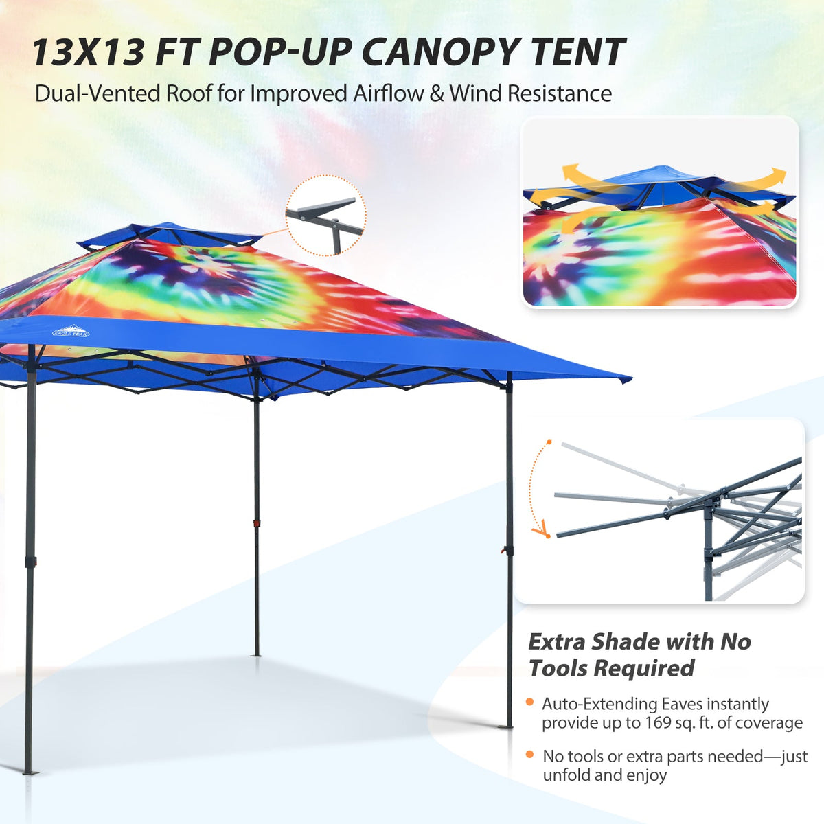 13x13 Pop Up Canopy Tent, Auto Extended Eaves - Eagle Peak®