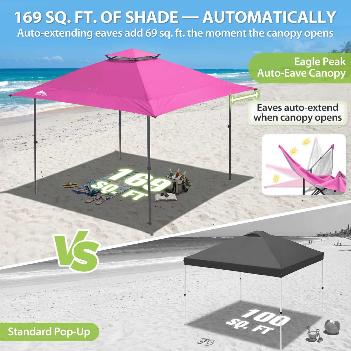 13x13 Pop Up Canopy Tent, Auto Extended Eaves - Eagle Peak®