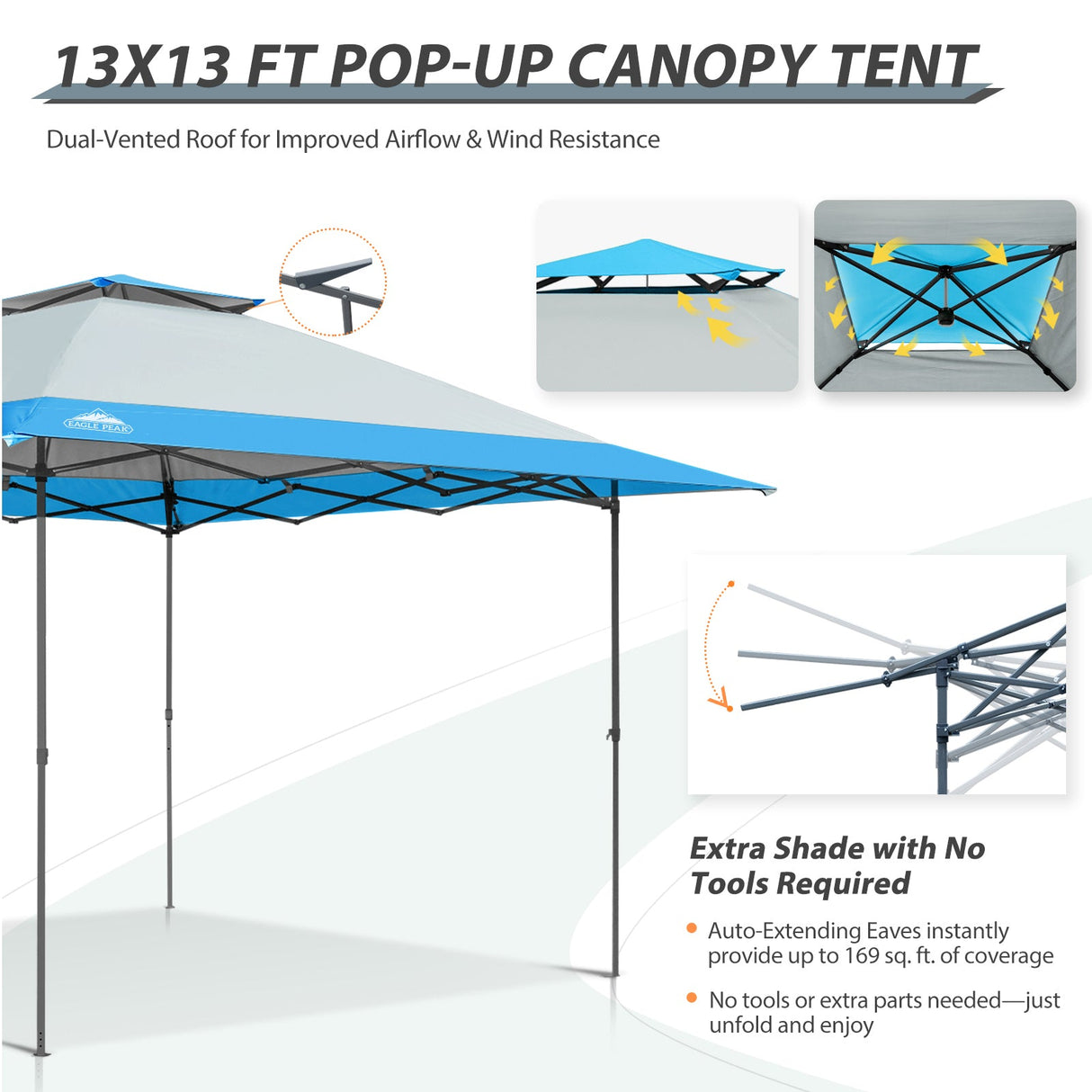 13x13 Straight Leg Pop Up Canopy Tent with 169 sqft of Shade - Eagle Peak Custom Canopy Tent