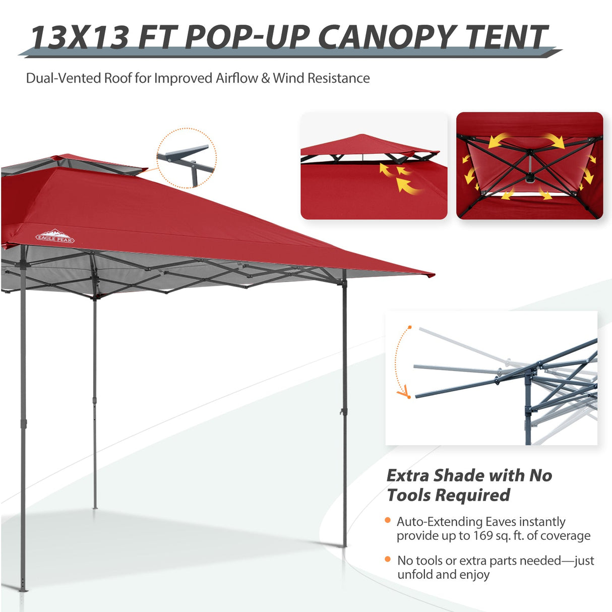 13x13 Straight Leg Pop Up Canopy Tent with 169 sqft of Shade - Eagle Peak Custom Canopy Tent