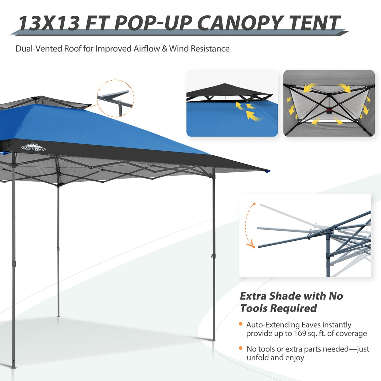 13x13 Straight Leg Pop Up Canopy Tent with 169 sqft of Shade - Eagle Peak Custom Canopy Tent