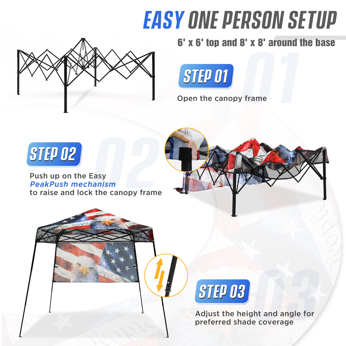 Eagle Peak SHADE GRAPHiX Day Tripper 8x8 Pop Up Canopy Tent with Digital Printed American Icon Top
