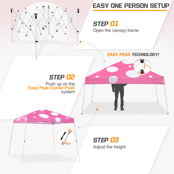 Eagle Peak SHADE GRAPHiX Slant Leg 10x10 Easy Setup Pop Up Canopy Tent with Digital Printed Pink Mushroom Top