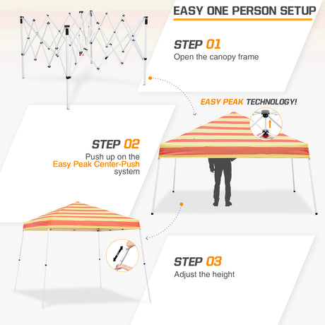 Eagle Peak SHADE GRAPHiX Slant Leg 10x10 Easy Setup Pop Up Canopy Tent with Digital Printed Orange Yellow Stripe Top