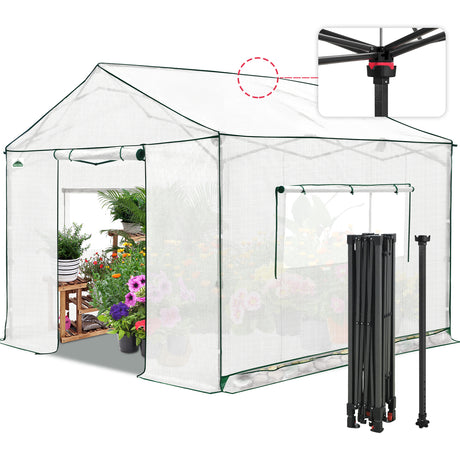 6x6/ 8x8/ 10x10 Portable Pop Up Greenhouse, Patented Center Lock with Gable Roof