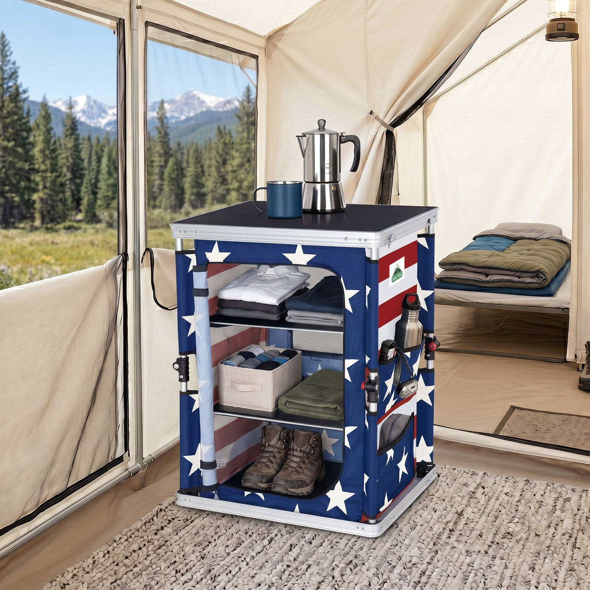 Outdoor Camping Pop Up Folding Table with Large 3-Tier Storage Organizer and Side Pockets
