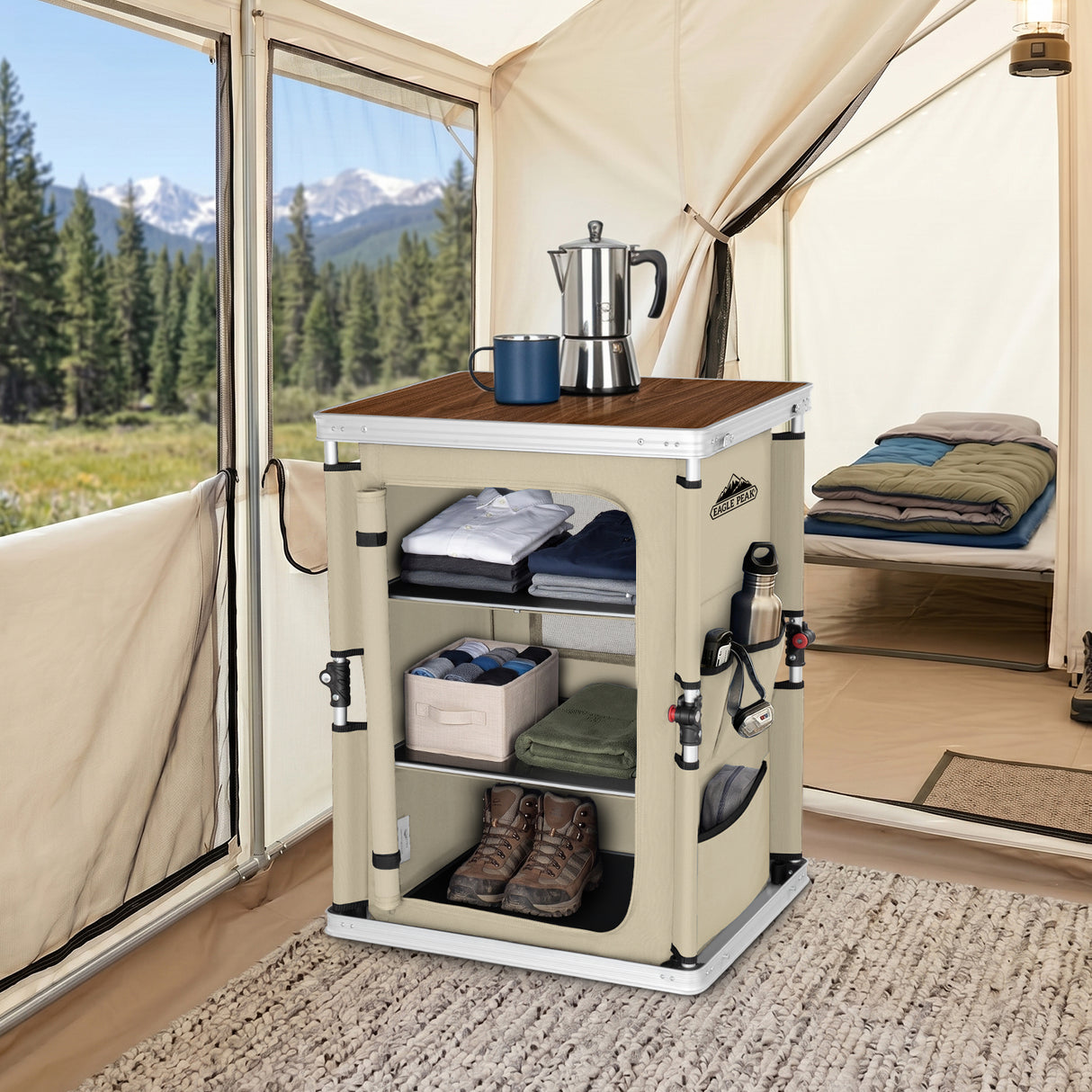 Outdoor Camping Pop Up Folding Table with Large 3-Tier Storage Organizer and Side Pockets