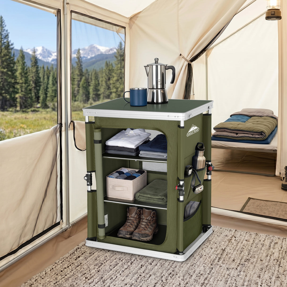 Outdoor Camping Pop Up Folding Table with Large 3-Tier Storage Organizer and Side Pockets