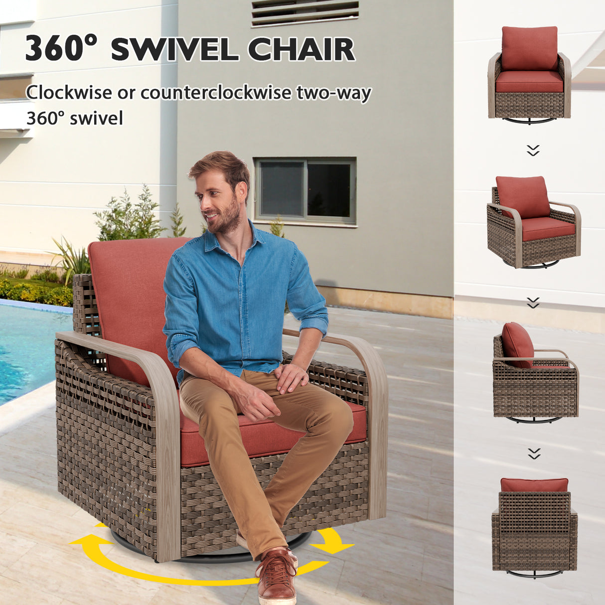 Modern Wicker Outdoor Patio Furniture Set,2 Swivel Rocking Chairs, 2-Seat Loveseat, Coffee Table and Side Table, 5 Pieces, Brown/Gray
