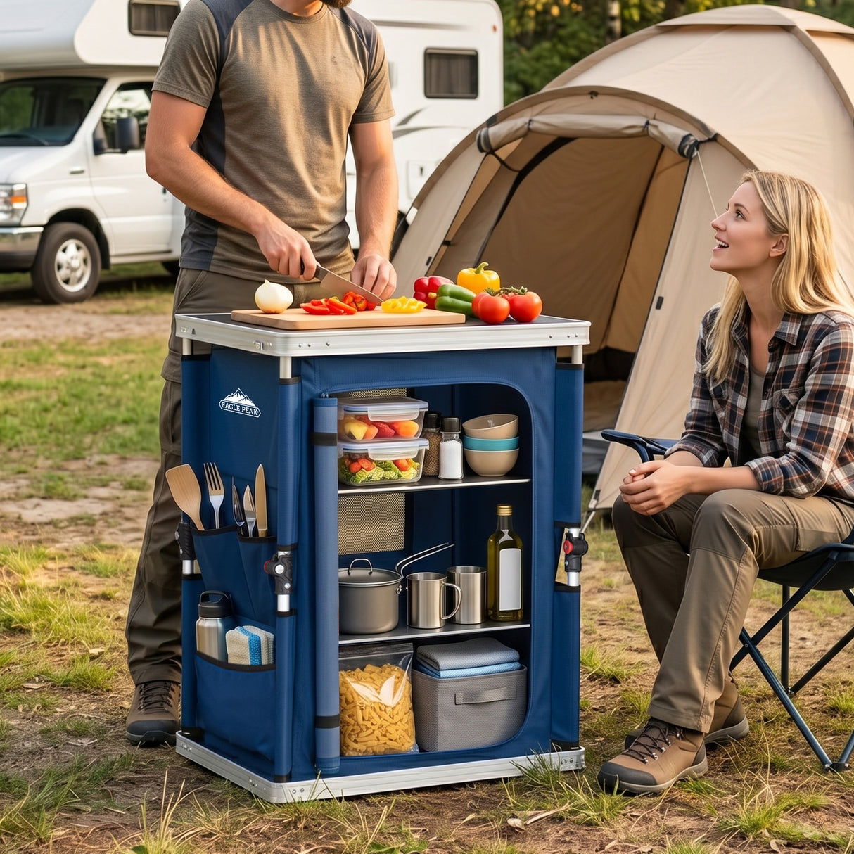 Outdoor Camping Pop Up Folding Table with Large 3-Tier Storage Organizer and Side Pockets