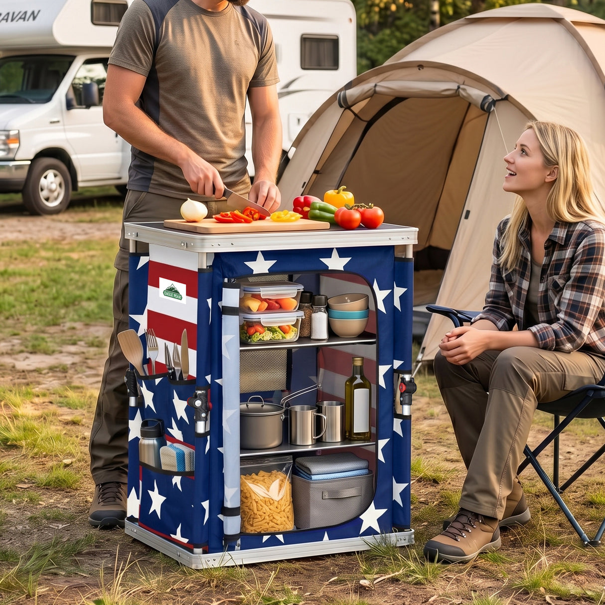 Outdoor Camping Pop Up Folding Table with Large 3-Tier Storage Organizer and Side Pockets