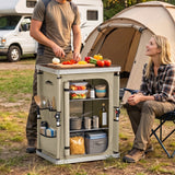 Outdoor Camping Pop Up Folding Table with Large 3-Tier Storage Organizer and Side Pockets