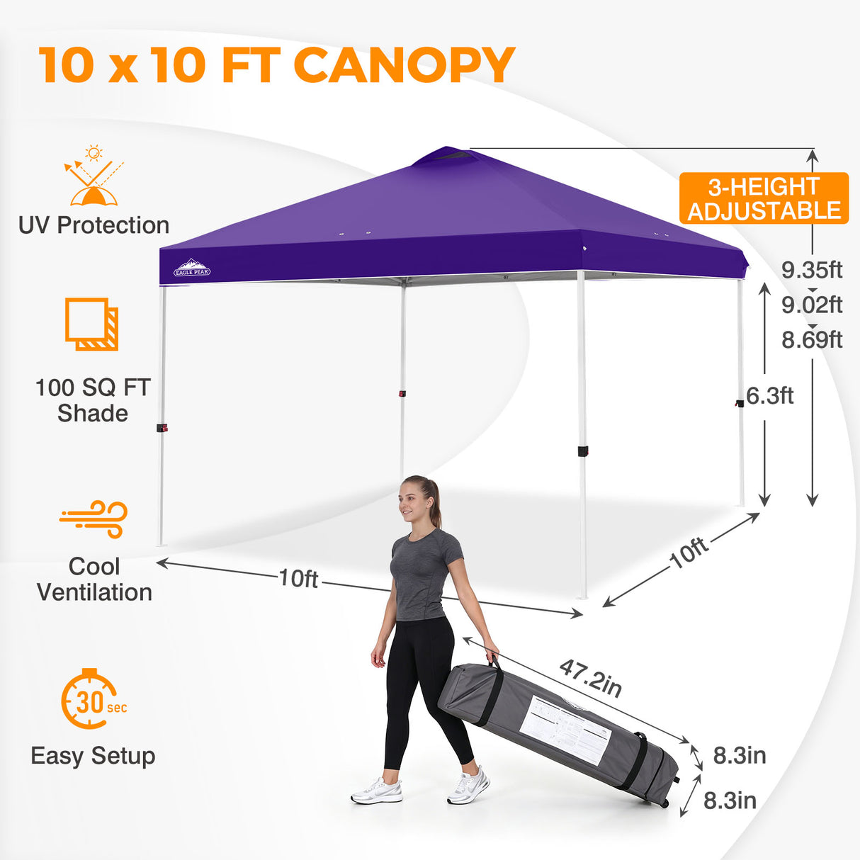 Easy Setup Straight Leg 10x10 Pop Up Canopy Tent w/ 100 sqft of Shade