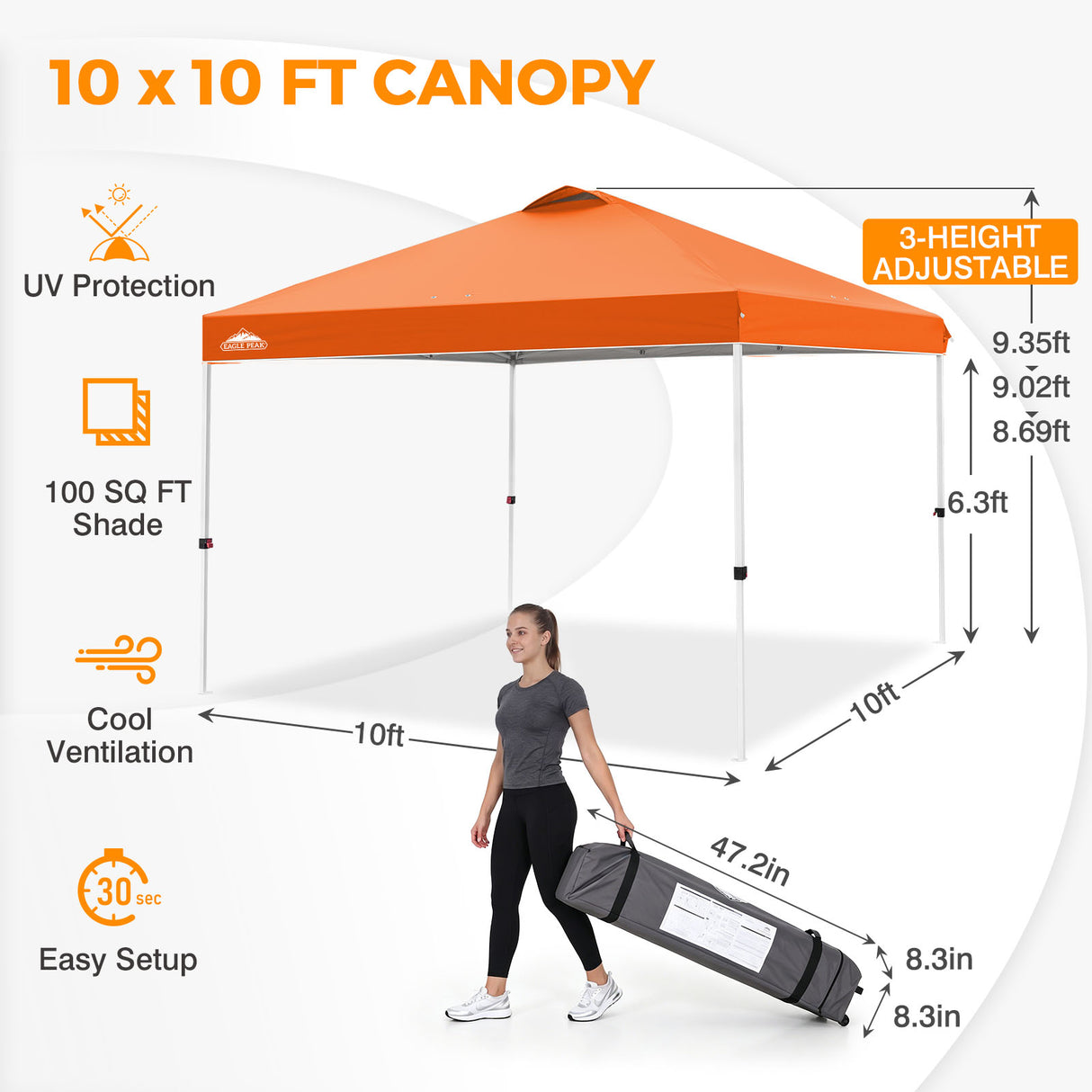 Easy Setup Straight Leg 10x10 Pop Up Canopy Tent w/ 100 sqft of Shade