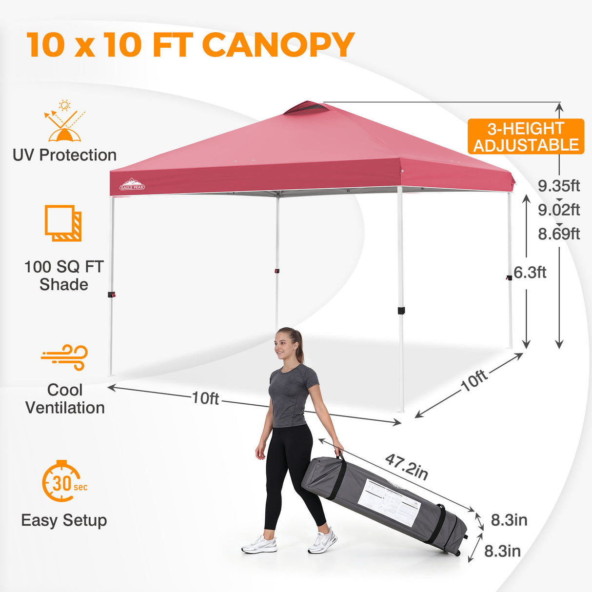 Easy Setup Straight Leg 10x10 Pop Up Canopy Tent w/ 100 sqft of Shade