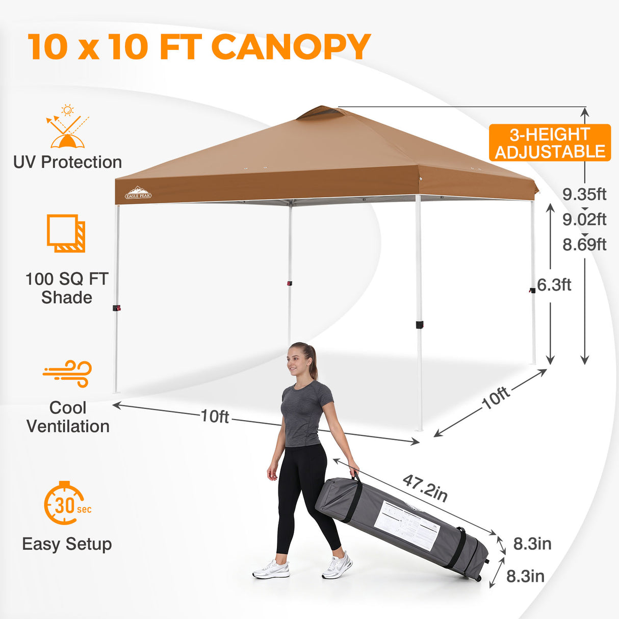 Easy Setup Straight Leg 10x10 Pop Up Canopy Tent w/ 100 sqft of Shade