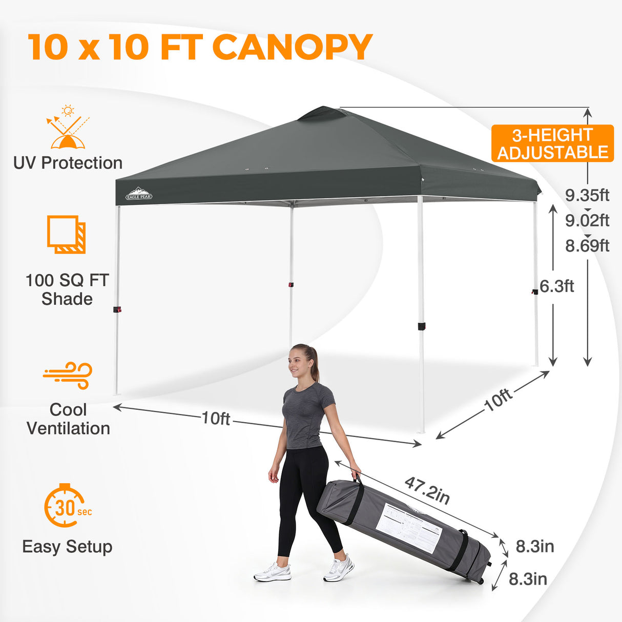 Easy Setup Straight Leg 10x10 Pop Up Canopy Tent w/ 100 sqft of Shade