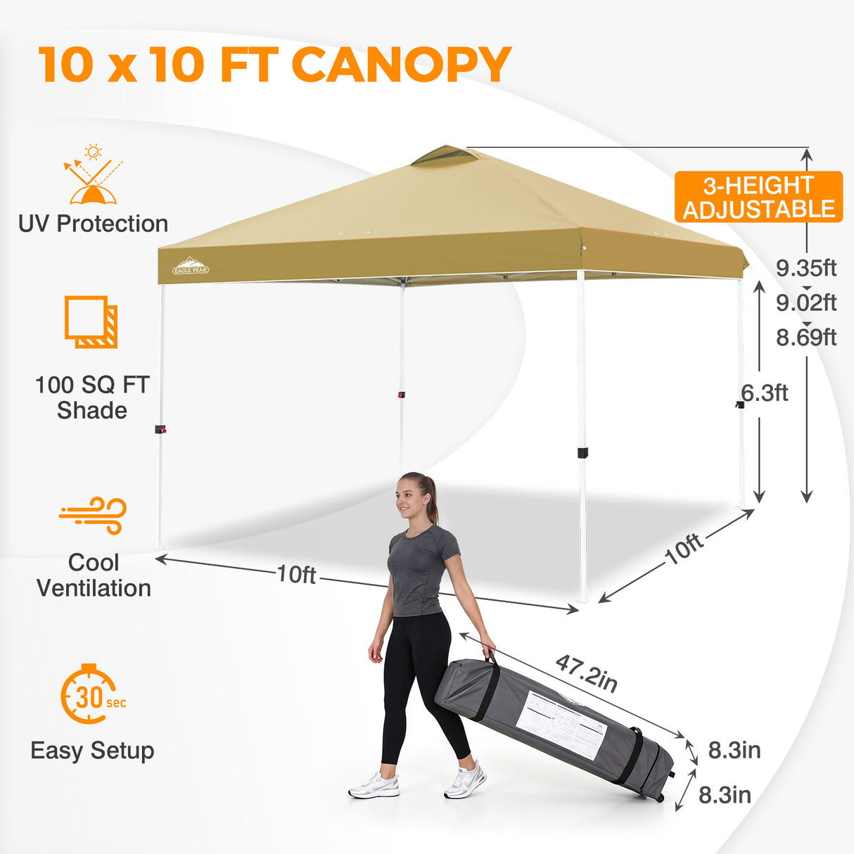 Easy Setup Straight Leg 10x10 Pop Up Canopy Tent w/ 100 sqft of Shade
